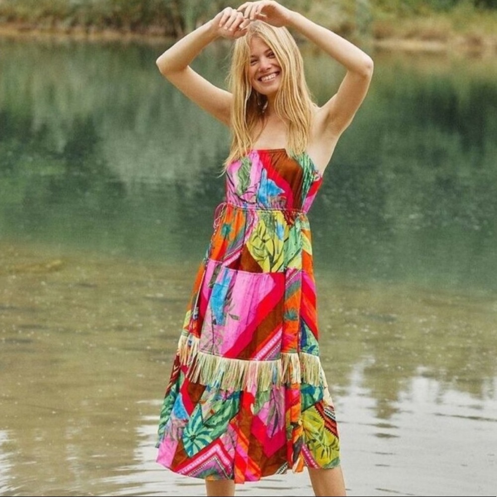 FARM RIO Palila Fringed Midi Dress sz S